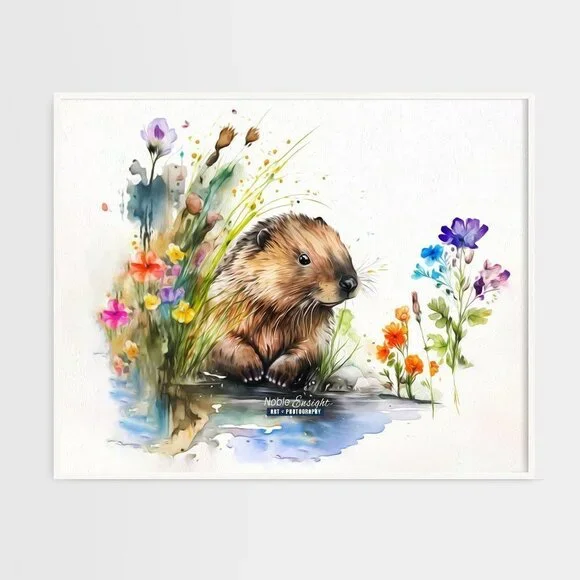 16x20 Beaver in Pond with Flowers Watercolor Oil‎ Painting Wall Art Print - Picture 5 of 5